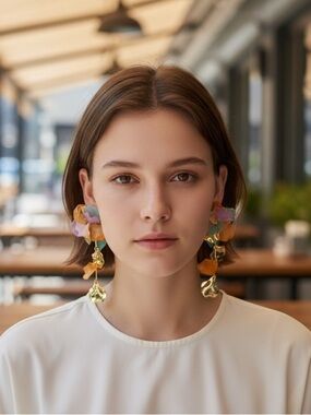Gold Amber and Pastel Drop Cluster Earrings